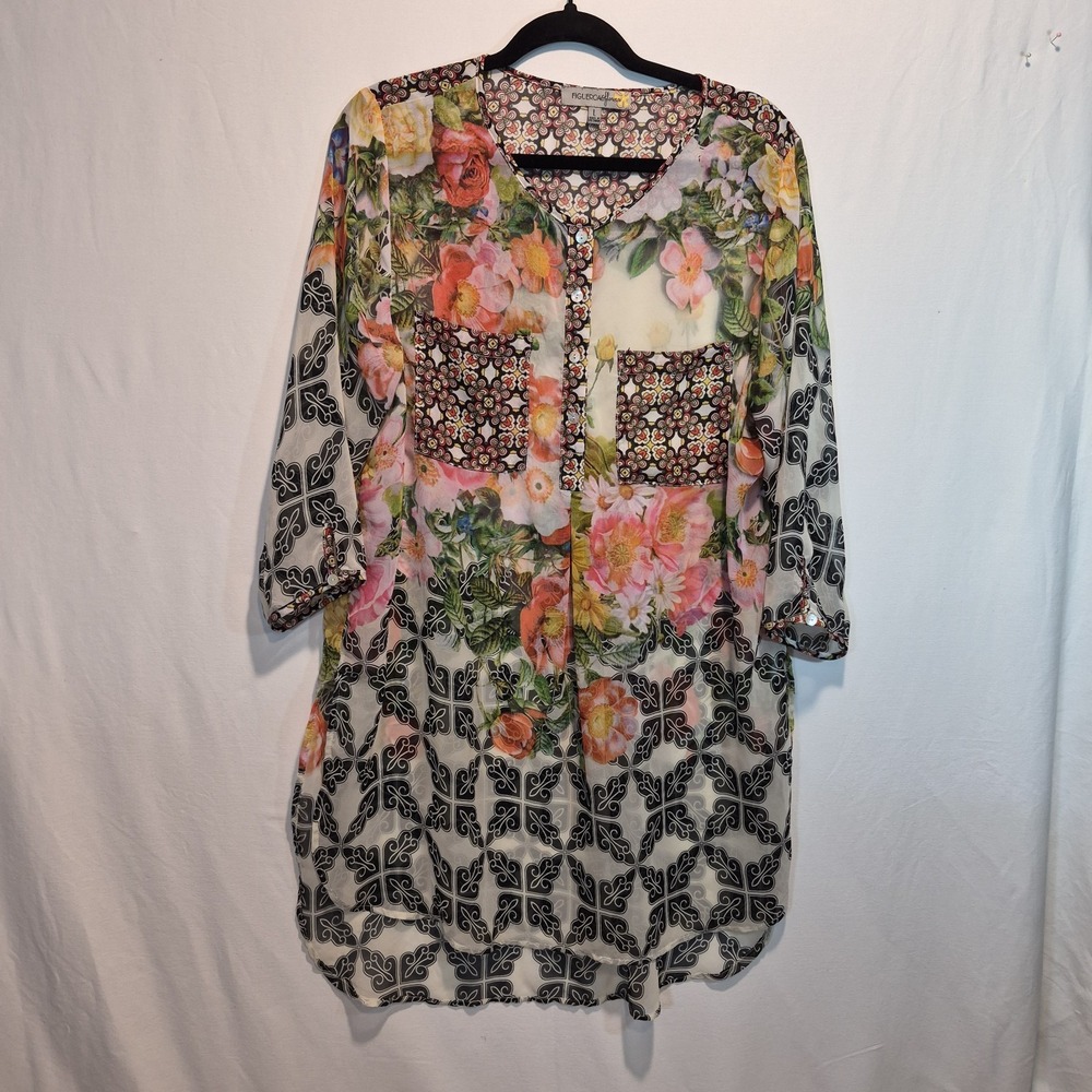 Figueroa & Flower Womens Tunic Sz Lrg Semi-Sheer Floral Resortwear Artisanal
